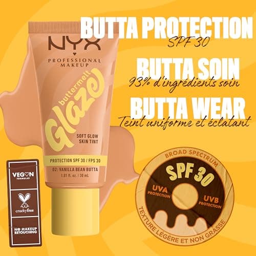 NYX Professional Makeup - Fond de Teint Hydratant SPF30 - Tenue Longue Durée Jusqu'à 12h - 93% d'Ingrédients Soin - Formule Vegan - Buttermelt Glaze Tint - Teinte : Vanilla Bean Butta - 30ml - Image 6