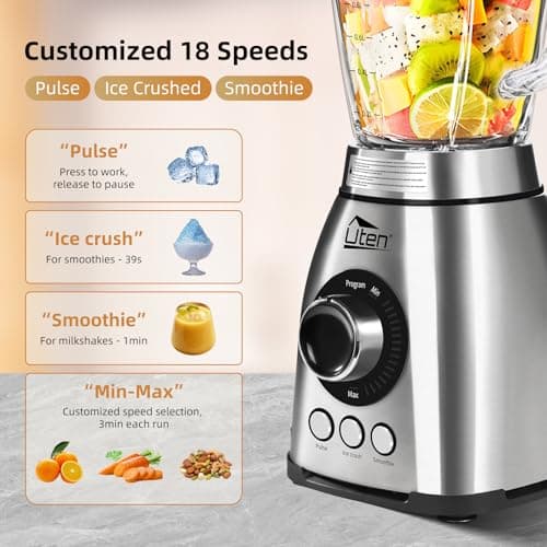 Uten Blender à Smoothie 2 L, Mixeur de Cuisine 1800 W, Glace Pilée, Smoothie, Impulsion et 18 Vitesses, Bocal en Verre, Boîtier en Acier Inoxydable, Lame à 6, Grains de Café Moulus - Image 4