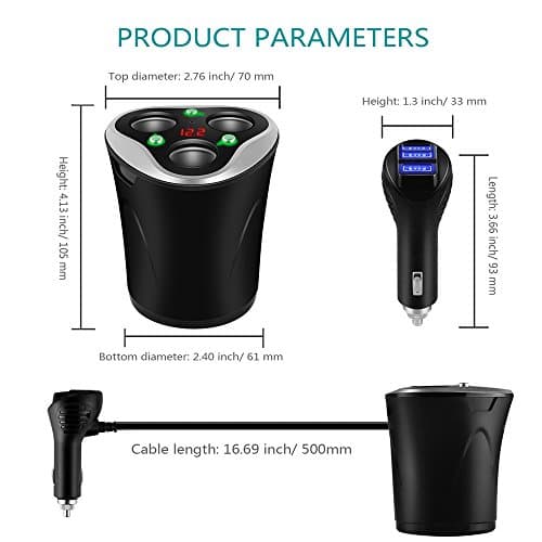 3 Cigarette Lighter Socket Adapter + 3 USB Ports Car Charger, 120 W 12/24 V with LED Voltage Display Separate On/Off Switch for GPS Mobile Phone & Car Camera (Black) 1 - Image 6