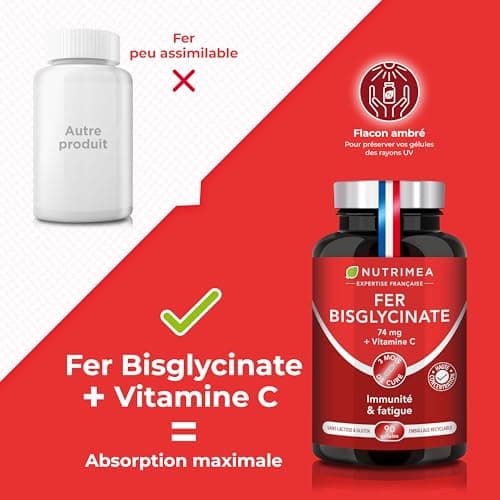 FER Bisglycinate + Vitamine C - 14 mg de Fer/Gélule - Procure 100% des Besoins Journaliers - Absorption & Biodisponibilité Maximales - Nutrimea - 90 Gélules Vegan - Fabriqué en France - Image 5