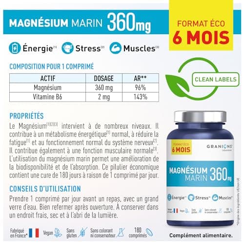 GRANIONS - Magnesium Marin 360 mg - 6 MONTH FORMAT - Made in France - Magnesium + Vitamin B6 - Anti Stress - High Quality Marine Magnesium - 180 Magnesium Tablets - Image 8