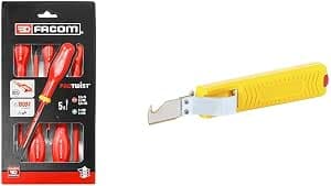 FACOM - Set of 5 Protwist Insulated Screwdrivers 1000V - Screwdriver - Screw - AT5VE.PB & JOKARI 10282 Stripping Knife, Yellow Multicolor