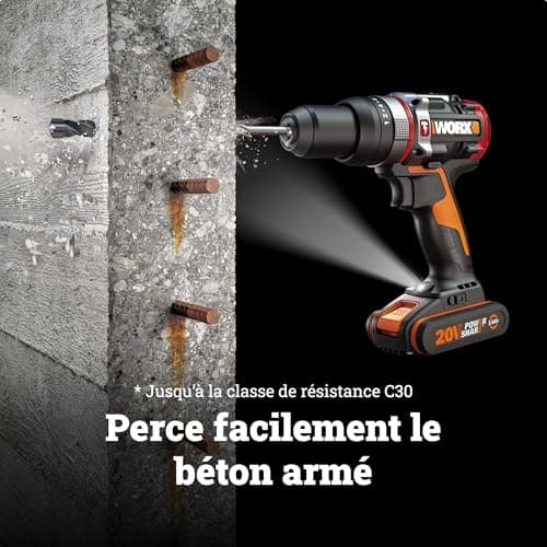 WORX NITRO - Perceuse à Percussion sans Fil - Batterie 20 V/2Ah et Moteur Brushless - SlammerDrill - Technologie ActiveHammer - Livrée avec 2 Batteries et Accessoires - 60 Nm - ⌀ 13 mm - WORX WX354 - Image 4