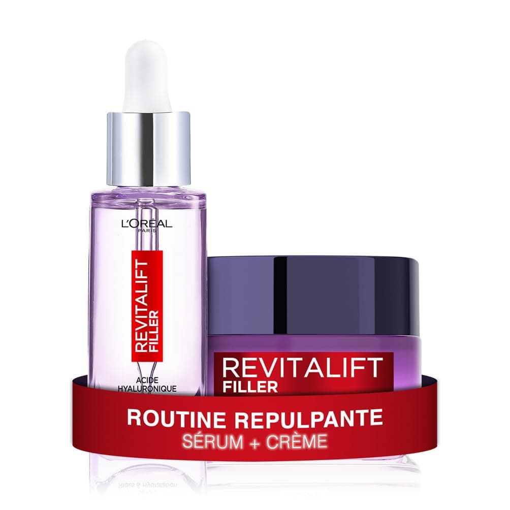 L'Oréal Paris - Routine Set of 2 Anti-Aging & Anti-Wrinkle Products - Plumping Serum + Volumizing Day Care - Enriched with Hyaluronic Acid - For All Skin Types - Revitalift Filler - Image 1