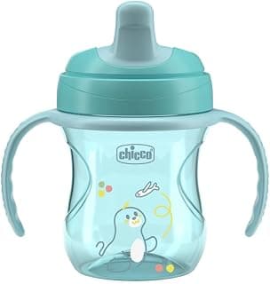 Chicco Training Cup, tasse d'apprentissage en plastique anti-goutte pour un enfant, pour apprendre à boire, bec ergonomique semi-doux, valve et poignées amovibles, 6+ mois, sans BPA, Azur