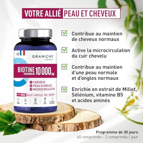 Biotin 10,000 µg GRANIONS, Food Supplement Hair, Skin, Nails - Vitamin B5, Biotin Millet, Cystine, Blueberry, Zinc, Selenium, Methionine - Vegan, Gluten Free, 60 Tablets Made in France - Image 4