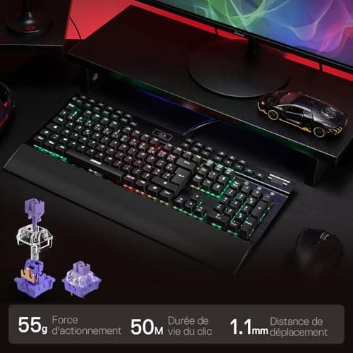 Redragon K550 RGB AZERTY Gaming Keyboard, 104 Keys + 12 Macro G Keys, Wired Mechanical Keyboard, Aluminium Top Plate, Purple Clickable Switch, 2 USB Ports, Wrist Rest, Black - Image 4