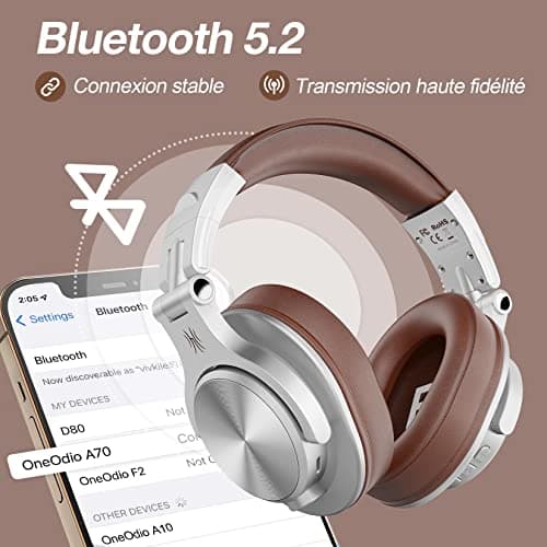 OneOdio BT5.2 Wireless Bluetooth Headphones with 72 Hours A70, Noise Reduction CVC 8.0, 3 Cables, Lightweight Comfortable, Foldable, Music Sharing, Compatible Phone, DJ, Piano, Guitar (Silver) - Image 7