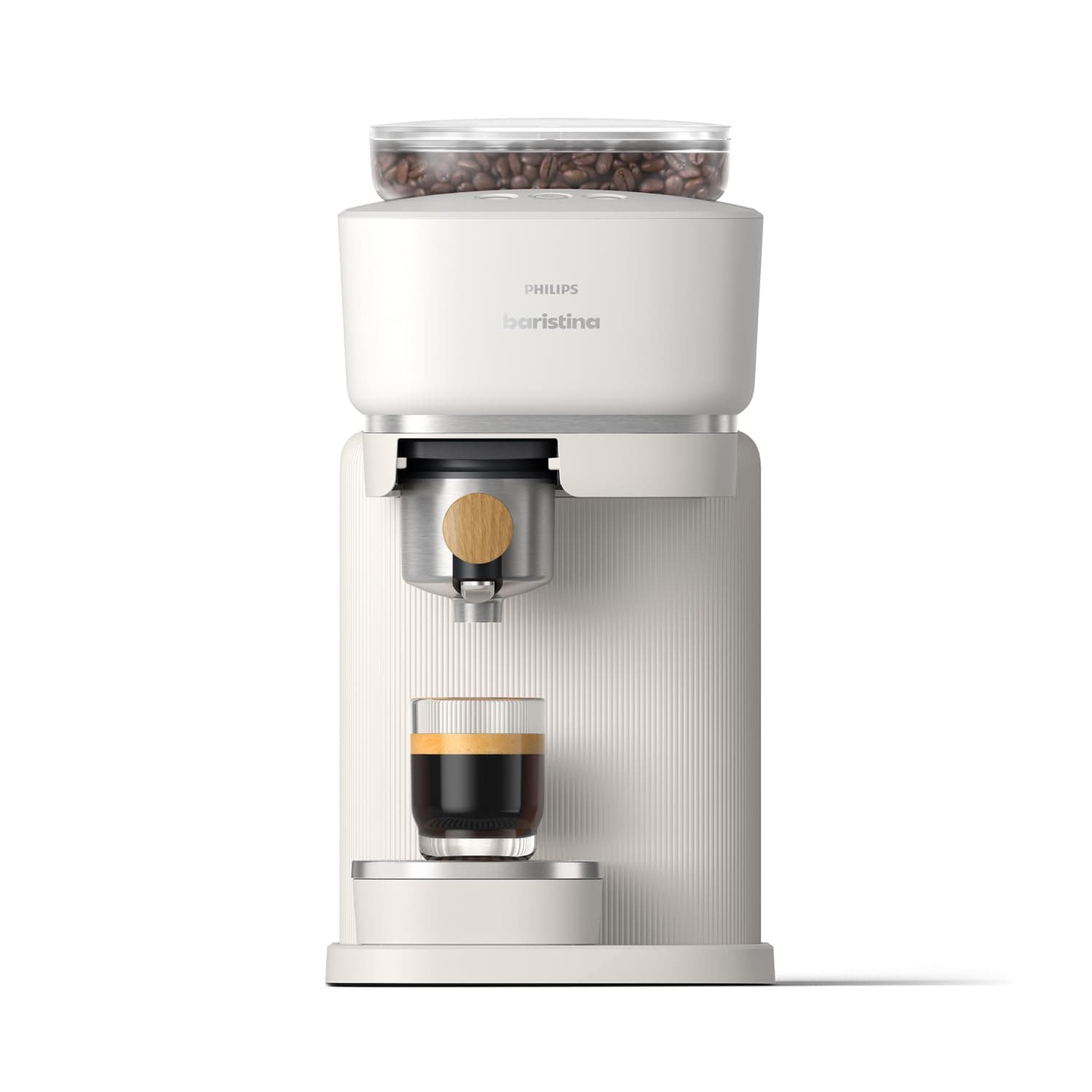 Philips Baristina Espresso Machine, Real Espresso, Made Easy, Compact, 16 Bar Pressure, Built-in Grinder, White Machine with Ash Wood Filter Holder (BAR302/20) - Image 1