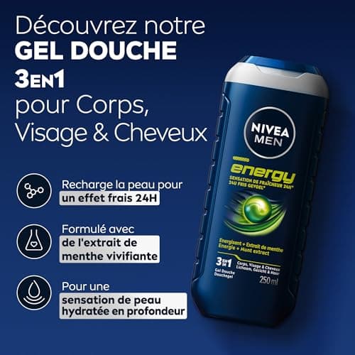 NIVEA MEN Gel Douche Energy (1 x 250 ml) - Soin lavant enrichi en extrait de menthe vivifiante - Gel douche homme 3 EN 1 — Soin nettoyant Corps Visage & Cheveux Vivifiant Effet Fraîcheur 24H - Image 3