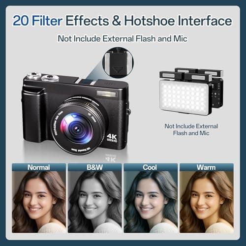 Appareil Photo Numérique 4K, Appareil Photo Compact 48MP 16X Digital Zoom à Écran Rabattable à 180° Avec Autofocus, Flash, Station de Charge, 2 Batteries, Carte 32 GB pour Débutants, Enfants, Vlogging - Image 8