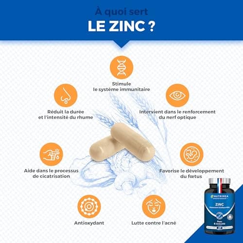 ZINC Citrate - Formule 100% Pure - Haute Absorption - Aide à Lutter Contre l'Acne - Apporte 40 mg de dont 12,5 mg de Zinc Élément (Zn) - 120 Gélules Vegan - Nutrimea - Fabriqué en France - Image 3