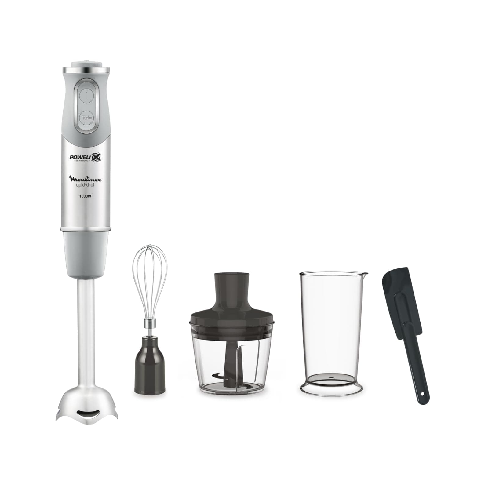 Moulinex Quickchef DD655DES Hand Blender + Spatula, Metal Base, 1000 W, 10 Speed, Powelix Blades, 500 ml Chopper, 800 ml Measuring Jug, Grey - Image 1