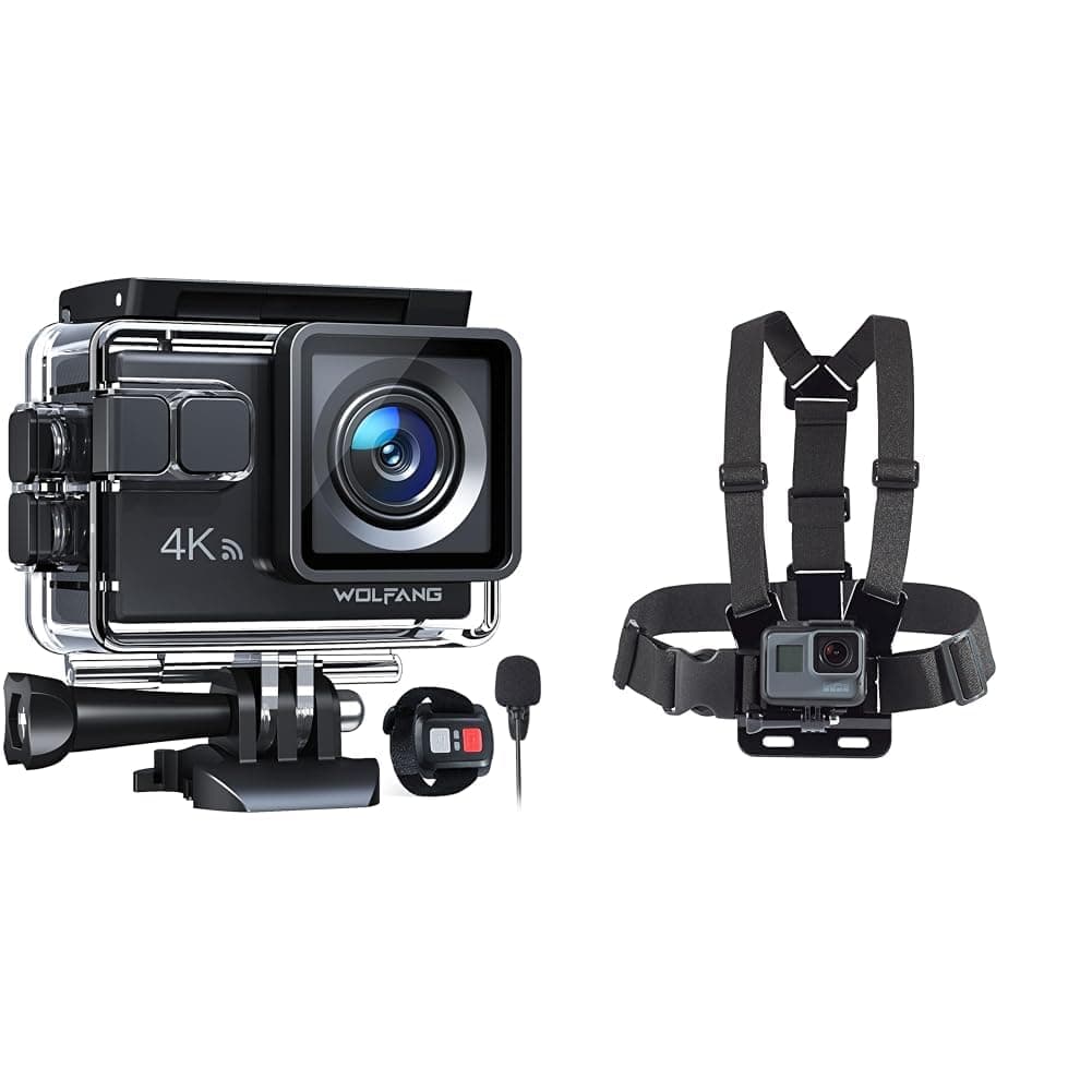 WOLFANG GA100 4K 30FPS Sports Camera, 20MP WiFi Camcorder, Waterproof Camera & Amazon Basics Chest Harness with Mount for GoPro Camera (All Models), Black