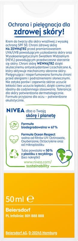 NIVEA SUN Crème Visage Sensitive Crème Solaire pour Peau Sensible SPF50, 50ml - Image 3