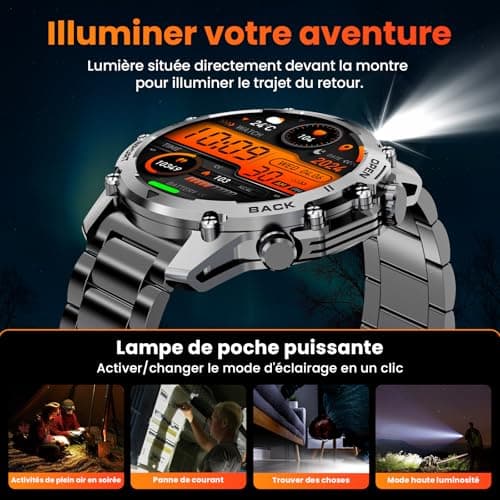 Montre Connectée Homme 1,52"HD Écran Smartwatch, 500 mAh Batterie et 120+ Modes Sportifs, Montre Connectée Militaire avec Fréquence Cardiaque/SpO2/Sommeil Moniteur et Lampe De Poche pour Android iOS - Image 7