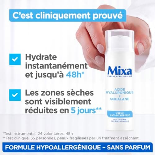 Mixa - Crème Anti-Sécheresse - à l'Acide Hyaluronique et au Squalane - Hydrate pendant 48H - Apaise les Tiraillements - Hypoallergénique - 50 ml - Image 3