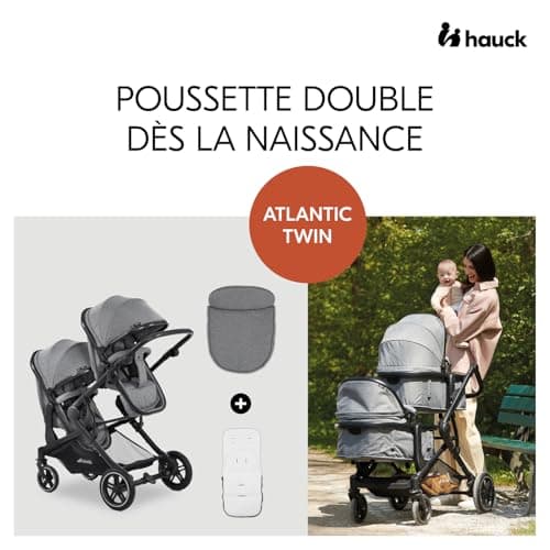 hauck Atlantic Twin Double Stroller - From Birth up to 15 kg per Child - 2 Carrycot Convertible to Reclining Seats - Foldable - Height Adjustable - Rubber Wheels, Heather Grey - Image 4