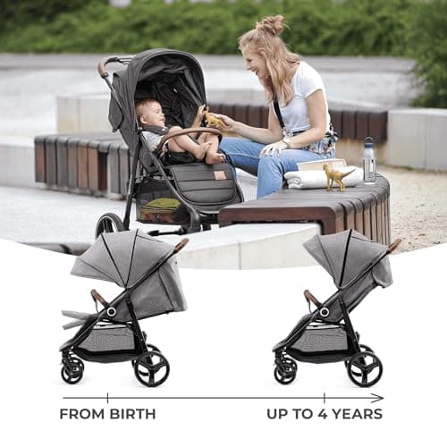 Kinderkraft GRANDE PLUS Poussette Canne dès la Naissance jusqu’à 22 kg, Pliage d'une seule main, Position allongée, Capote extensible, 4 Roues amorties, Gris - Image 3