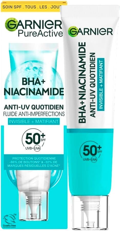 GARNIER SkinActive - Fluide Anti-UV Matifiant & Anti-Imperfections Quotidien - SPF 50+ - Protège & Réduit les Imperfections - Enrichi en BHA & Niacinamide - Pour Peaux à Tendance Acnéique - 40 ml - Image 1