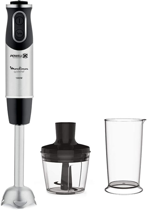 Moulinex QuickChef DD6578 1000W Manual Mixer with Turbo Speed Control with 2 Cutting Accessories, Chopper and Measuring Cup, Splash Proof Dome, Steel - Image 1