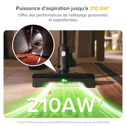 roborock H60 Ultra Aspirateur Balai sans Fil, 210AW, 90 Min d’Autonomie, Tube Pliable à 180°, Lumière Verte à 140°, Filtration 99,95%, Brosse Anti-Emmêlement pour Tapis, Sols Durs et Poils d’Animaux - Image 3