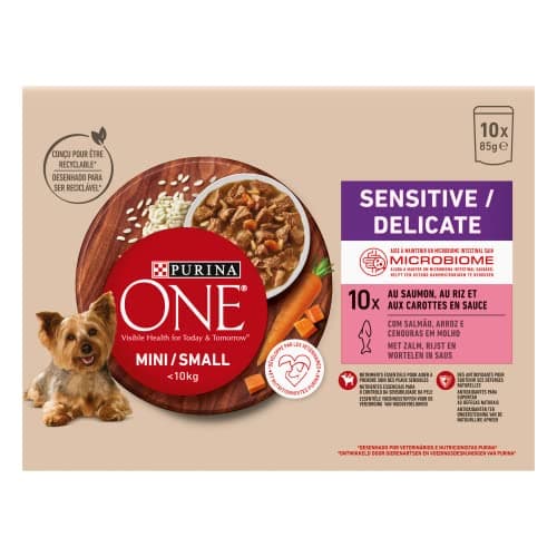 PURINA ONE Mini/S <10kg Sensitive/Delicate, Tapered Salmon, Rice and Carrot in Sauce for Small Adult Dogs| Sensitive Digestion Meal Bags 10x85g - Image 7