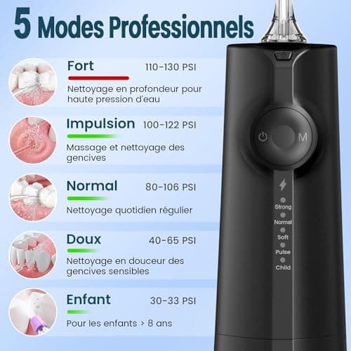 Portable Water Flosser Dental Jet Water Flosser, Oral Irrigator 5 Modes and 8 Nozzles, 300ml Tank, USB Charged, IPX7 Waterproof, Sensitive Gum (Black) - Image 4