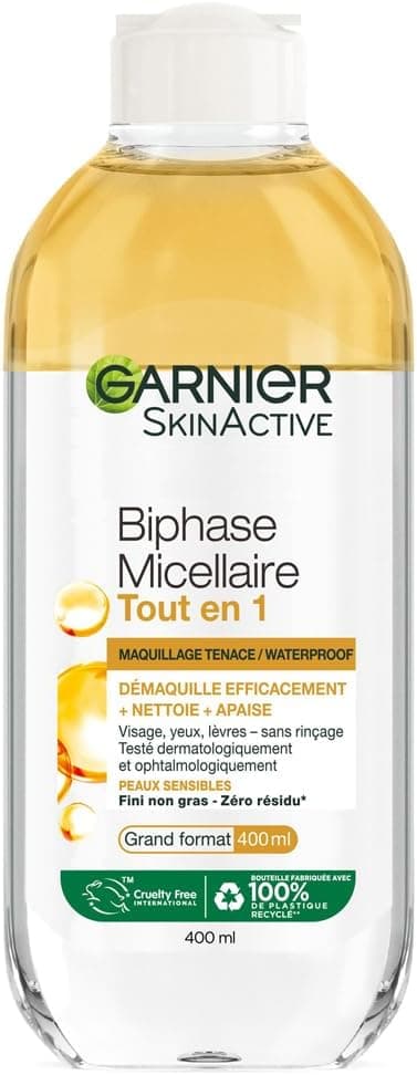 Garnier GARNIER Skin Active - Biphase Micellaire - Tout-en-1 - Nettoie, Démaquille & Apaise - Visage, Yeux, Lèvres - Enrichie En Micelles & Huiles - Vegan & Cruelty Free - Tous Types de Peaux - 400 ml