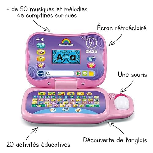 VTech - Ordi Genius Pro Pink, Children's Laptop with Backlit Screen, Mouse, 20 Evolutionary Games, Educational Toy, Gift for Children from 3 to 7 Years - Content in French and English - Image 3