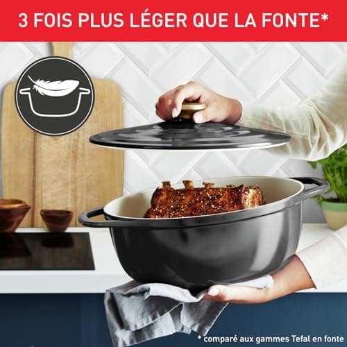 Tefal Cast Iron Casserole Oval 30 x 23 cm (5.7 L), Induction, Ceramic Coated, Condensing Lid, Heat Retention, Slow Cooking, Light, Air, Grey E2558904 - Image 8