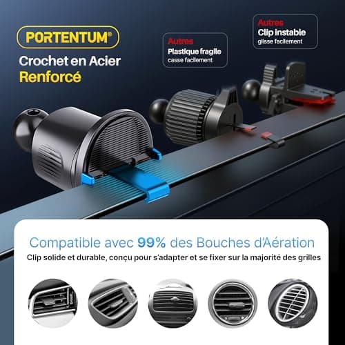 PORTENTUM Car Phone Holder for Air Vent with Hook – New Version 2026 – Triple Anchor System – 360° Rotatable Rotation – Compatible with All Mobile Phones 4 to 7.5 Inches - Image 5