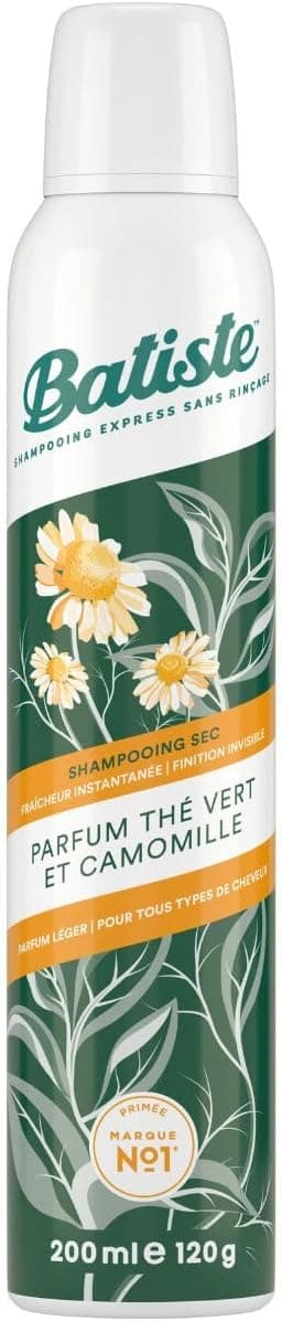 Batiste Dry Shampoo, Naturally Green Tea and Chamomile, Refreshes Hair and Provides Volume, With Plant Extracts, Absorbs Excess Sebum, No Residue, No Rinse, 200 ml