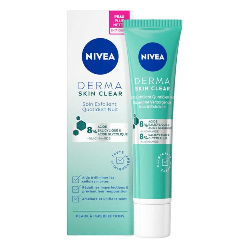 NIVEA Derma Skin Clear Daily Exfoliating Night Care (1 x 40ml) - Night Care 8% Salicylic & Glycolic Acids and Niacinamide - Anti-Blackhead Face Cream for Blemished Skin