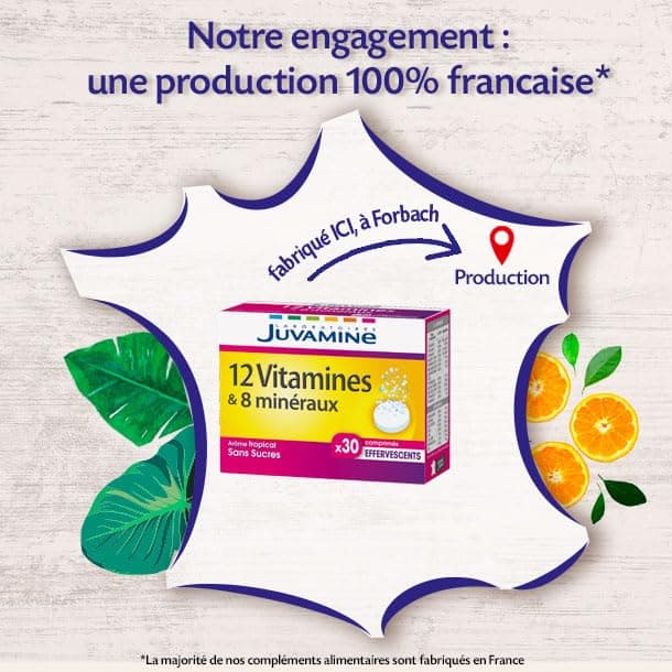JUVAMINE 12 Vitamins & 9 Minerals, Fatigue, Stress, Vitamins C, B2, B3, B6, B9 and Iron, 30 Day Program, 30 Effervescent Tablets, Tropical Flavor, Made in France - Image 7