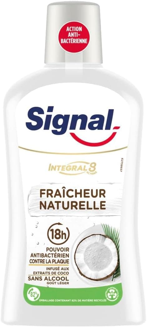Signal SIGNAL - Bain de Bouche Intégral 8 Fraicheur Naturelle - Infusé aux extraits de coco - Enrichi en Zince Minéral pour une éfficacité antibactérienne pendant 18h - Sans Alcool - 500ml