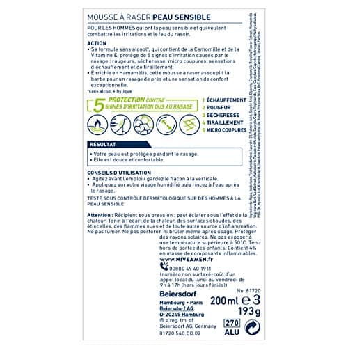 NIVEA MEN Sensitive Skin Shaving Foam (200 ml), shaving cream enriched with chamomile and witch hazel, shaving treatment 0% alcohol for men - Image 6