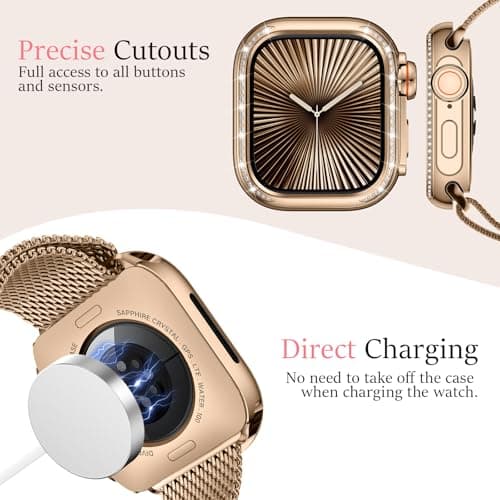 Amizee 2 in 1 Metal Bling Case Compatible with Apple Watch Series 11/10 46mm with Women, Shine Diamond Protector Metal Bumper Cover for iWatch 46mm, Rose Gold/White - Image 6