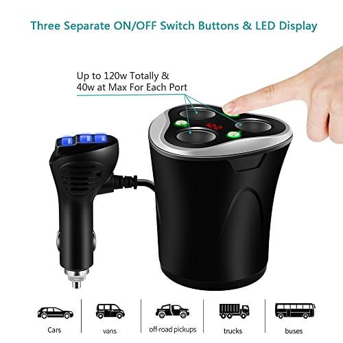 3 Cigarette Lighter Socket Adapter + 3 USB Ports Car Charger, 120 W 12/24 V with LED Voltage Display Separate On/Off Switch for GPS Mobile Phone & Car Camera (Black) 1 - Image 5