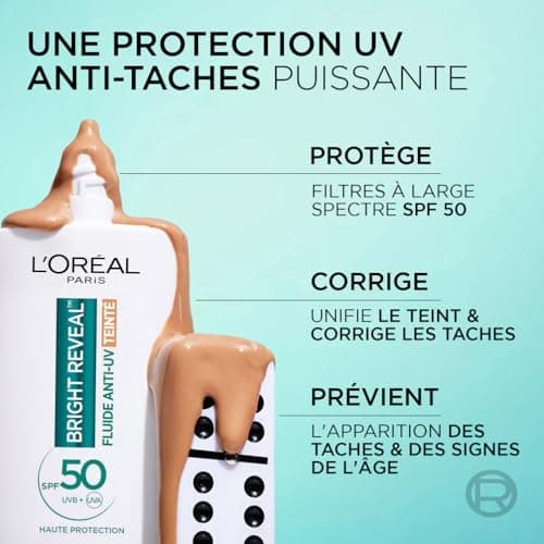 L'Oréal Paris - Anti-UV Fluid SPF50 - Bright Reveal - Unified Complexion and Radiant Skin - Light Coverage - Anti-Stain and Bleach Formulation - Shade : Medium - 50 ml - Image 4