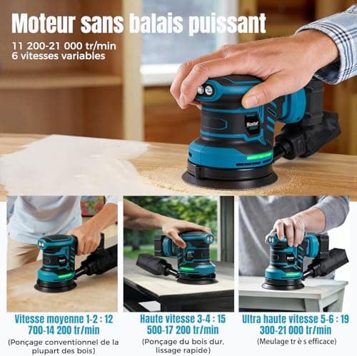 Bostar 18V Cordless Eccentric Sander, Ø125mm Brushless Motor, 2 Batteries 3.0Ah, Max. 21000 rpm, 6 Speed, Dust Bag, Orbital Sander for Wood and Car, Compatible Makita 18V - Image 3