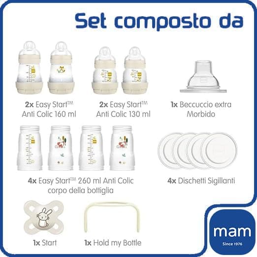 Mam Biberon anti-coliques Easy Start, 8 biberons en formats de 130 ml, 160 ml et 260 ml, 1 Start Nano, 4 disques d'étanchéité, 1 bec extra souple, couleurs assorties, 7 à 30 g - Image 4