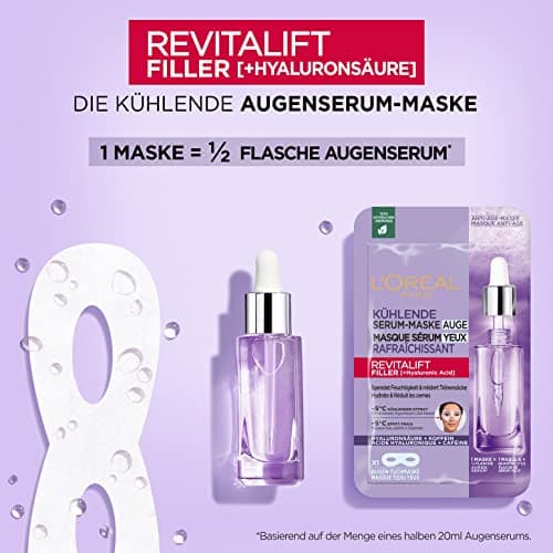 L'Oréal Paris - Eye Serum Tissue Mask - Moisturizing Anti-Wrinkle & Concealer for Eye Contour - With Pure Hyaluronic Acid and Caffeine - Revitalift Filler - 11g (Pack of 5) - Image 3