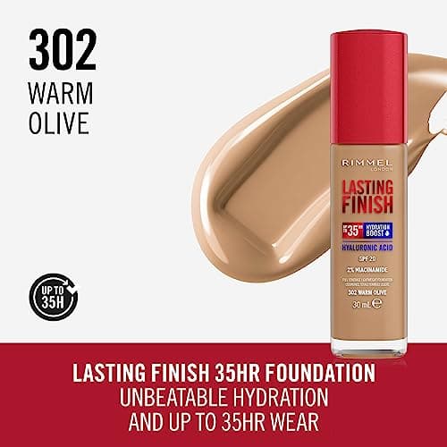 Rimmel London Lasting Finish Up to 35h, 302 Warm Olive, Foundation, Longwear, Moisturizing, Vegan Formula, Full Coverage, 30 ml - Image 3