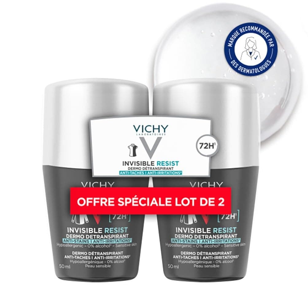 Vichy Homme, Invisible Resist, Déodorant Roll-On, Détranspirant à l'Efficacité Longue Durée 72 H, Anti-Taches Jaunes et Blanches, Adapté aux Peaux Sensibles, Lot de 2x50 ml - Image 4