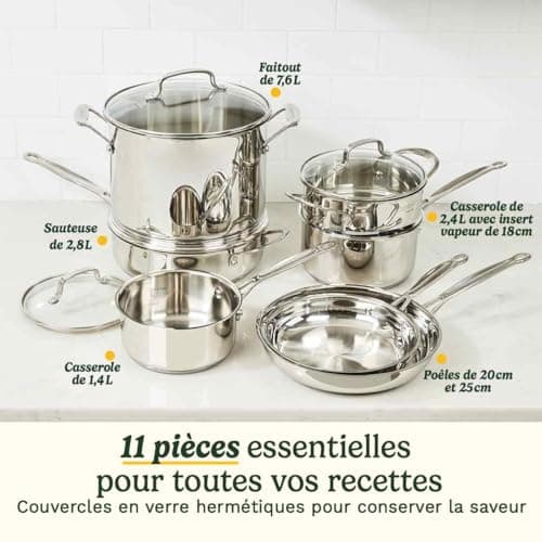 Cuisinart Chef's Classic Stainless Steel Cookware Set 11 pcs: pots, pans, steamer, steamer | Induction | Aluminium base | Cool Grip handles | Markings | Glass lids | Dishwasher - 7711G - Image 3