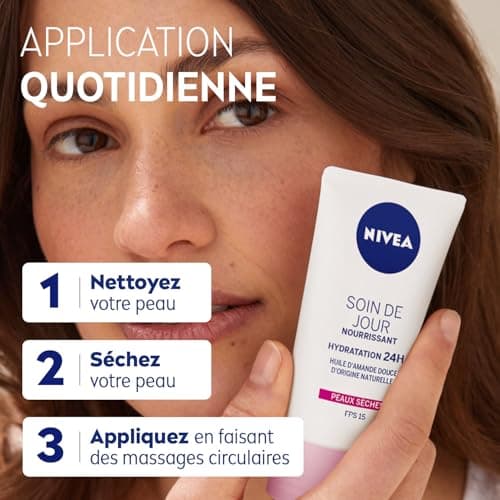 NIVEA Soin De Jour 24H Hydratant Nourrissant FPS15 (2 x 50 ml), crème hydratante visage enrichie en beurre de karité, soin visage femme pour peaux sèches - Image 5
