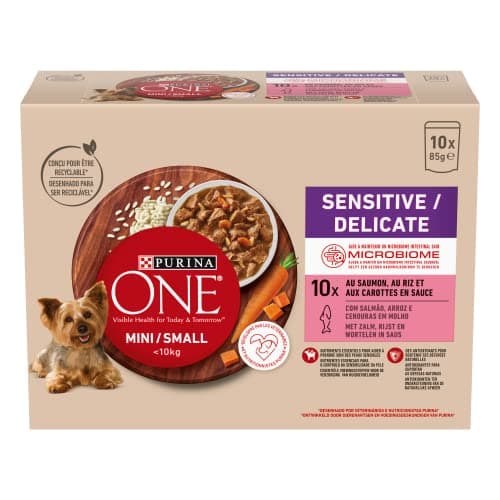 PURINA ONE Mini/S <10kg Sensitive/Delicate, Tapered Salmon, Rice and Carrot in Sauce for Small Adult Dogs| Sensitive Digestion Meal Bags 10x85g - Image 4