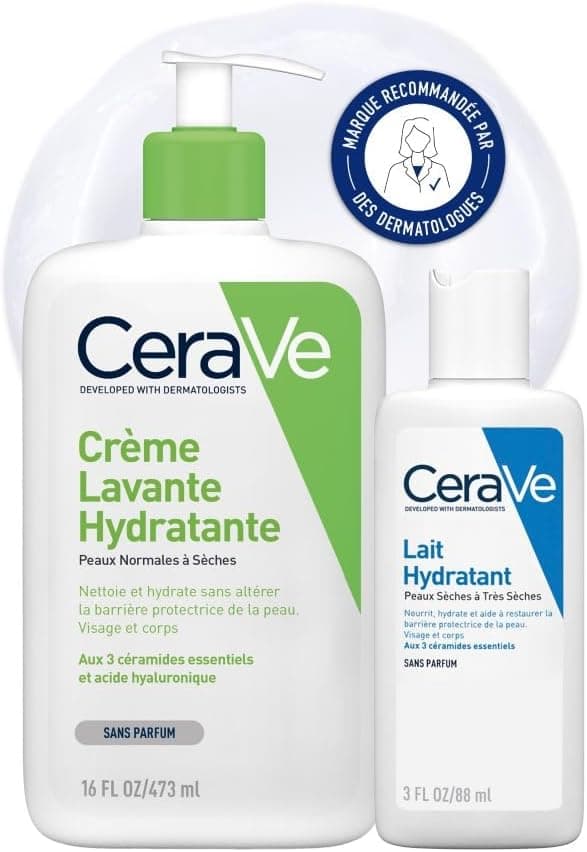 CeraVe CeraVe - Routine Hydratante - Crème Lavante Hydratante 473 ml + Lait Hydratant 88 ml - Nettoie, Hydrate & Préserve la Barrière Cutanée - Soins aux 3 Céramides Essentiels - Peau Sèche à Très Sèche