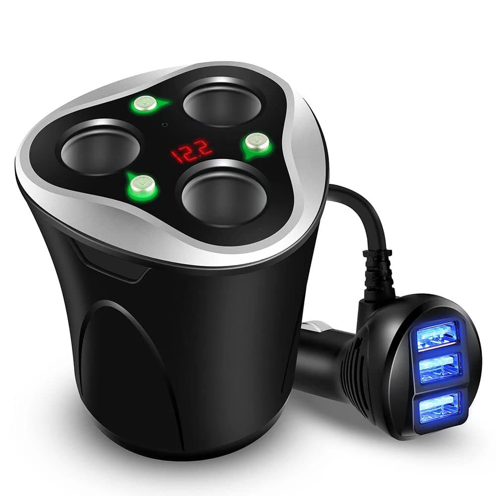 Mobil 3 Cigarette Lighter Socket Adapter + 3 USB Ports Car Charger, 120 W 12/24 V with LED Voltage Display Separate On/Off Switch for GPS Mobile Phone & Car Camera (Black) 1
